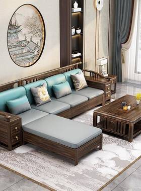 新式沙中发乌金木别墅高档客厅家具合套冬夏两RAE装用储物实木沙
