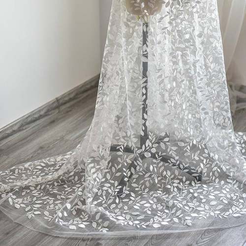 小白色枝叶满幅蕾丝婚纱礼服面料叶刺头绣花子边头纱饰99-01DIY窗