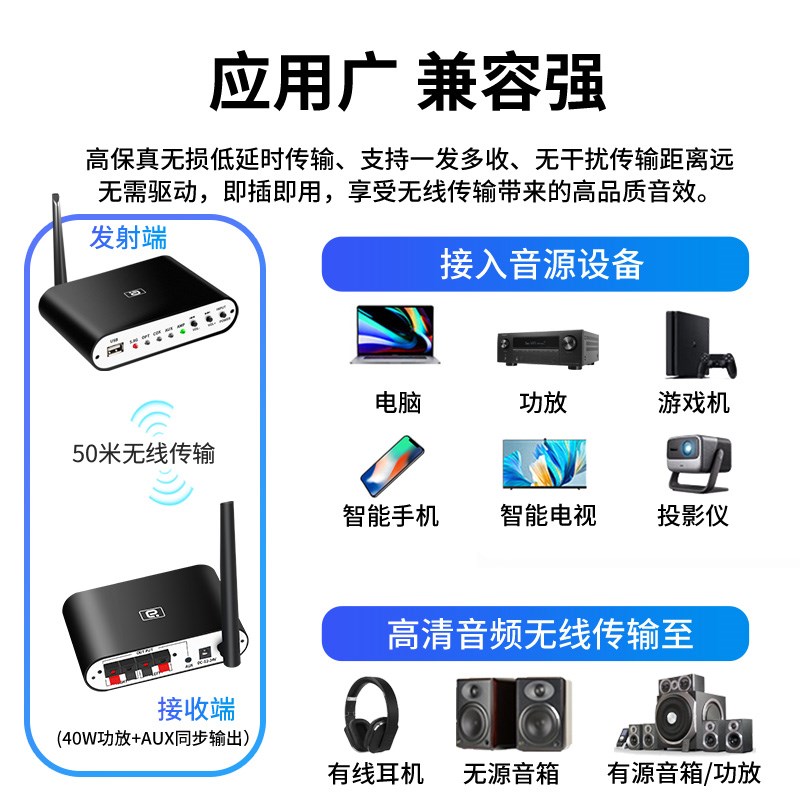 5.8G高保真无线音频传输收发器光纤同轴40W功R放机环绕音响免布线