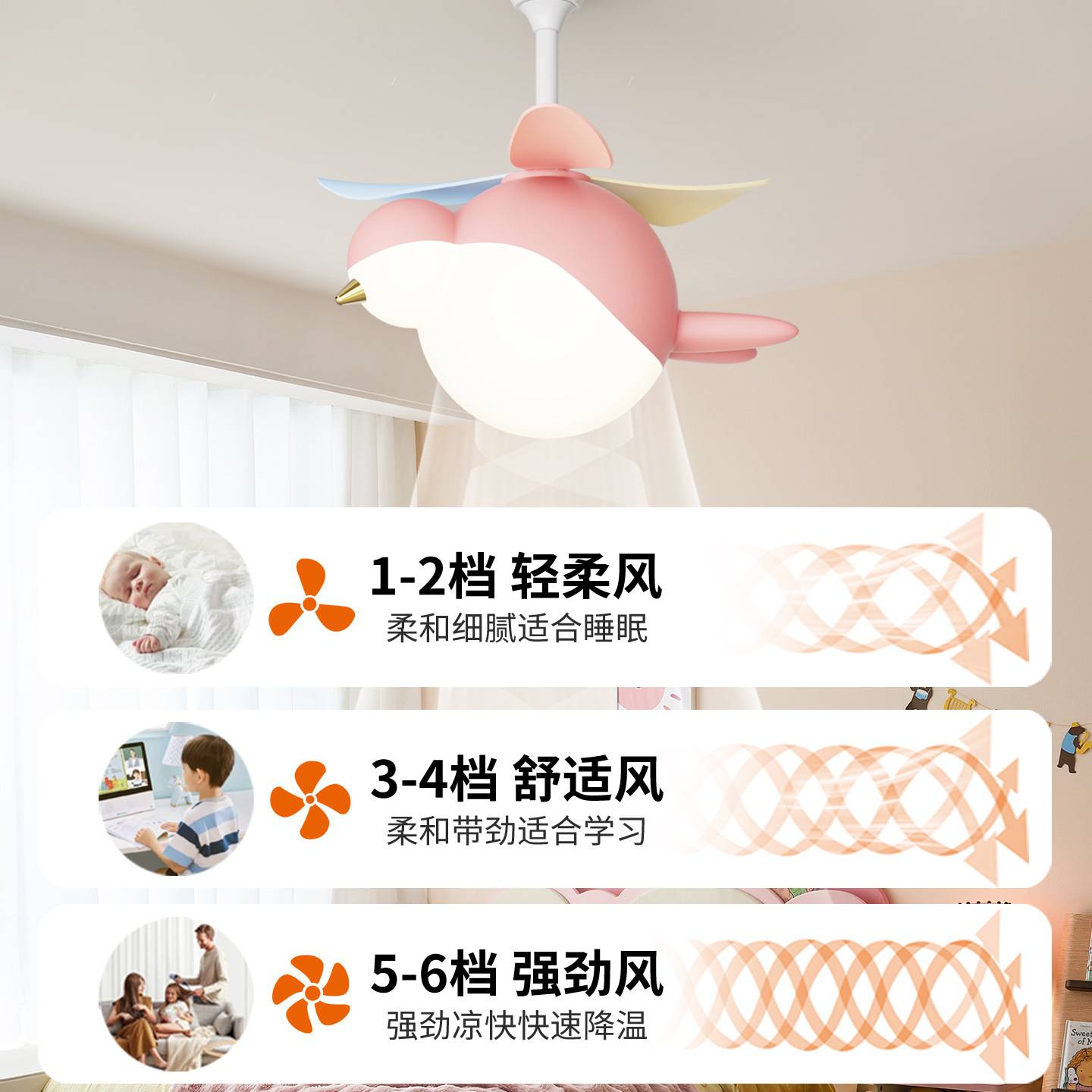 儿童房卧室风扇灯吊扇灯幼儿园护眼灯卡通电扇灯鲸鱼2025新款401L