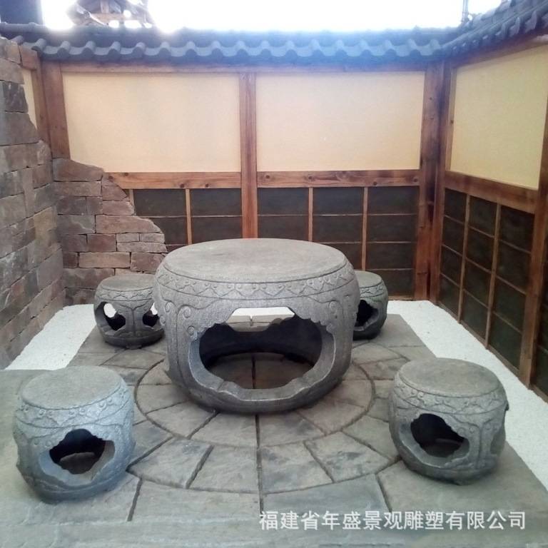 石茶桌 福建泉州石雕厂家雕刻石材家具茶台 仿古旧石磨盘茶几