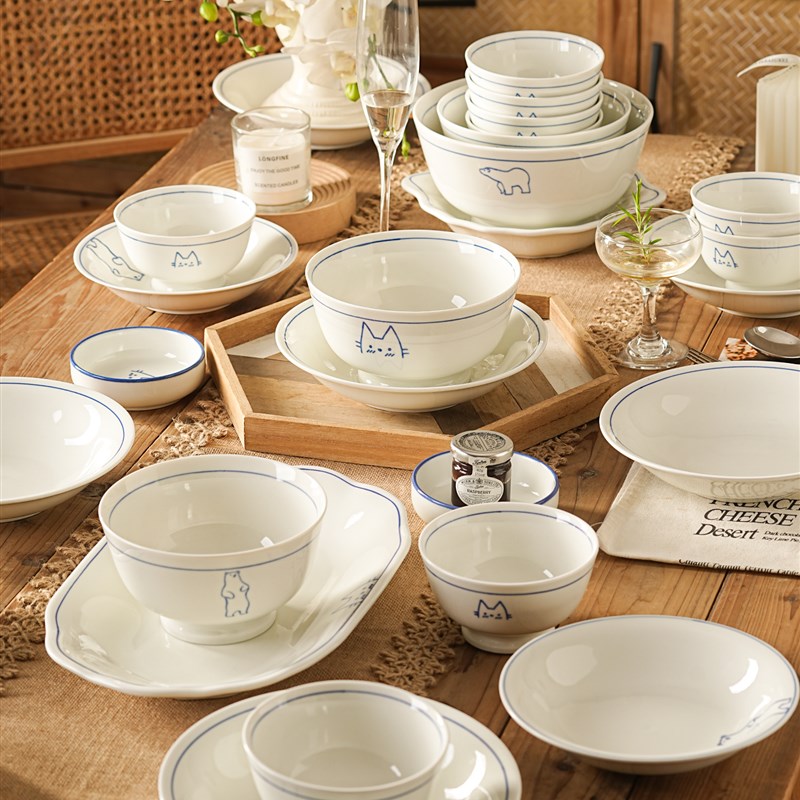 陶瓷盘子菜盘家用j2025新款高颜值覆古餐具碗盘筷套装釉下彩双耳