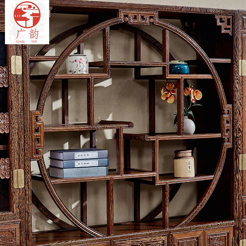 红木三组合书柜鸡翅木中s式书橱实木带顶书博架办公室家具展示柜