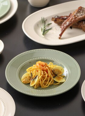 复古绿色珠点高i颜值餐具碗碟套装家用奶油风陶瓷碗筷盘子乔迁送