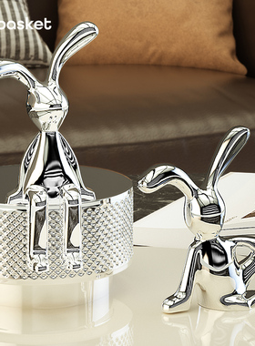 创意网红卡通坐姿长n耳兔子摆件轻奢高档客厅电视柜酒柜玄关装饰