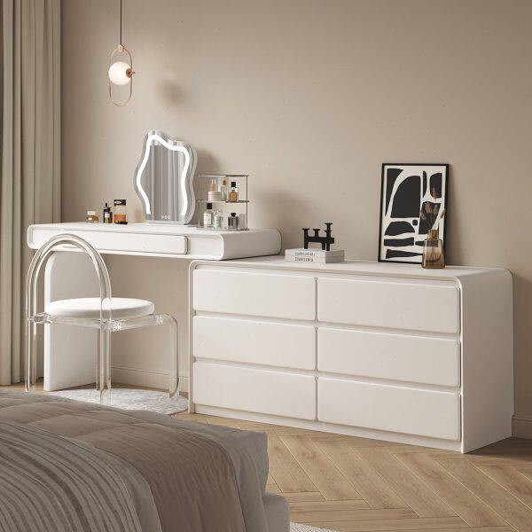 奶油风法式白色梳妆台收纳一体斗柜现代简约卧室实木可伸缩化妆桌