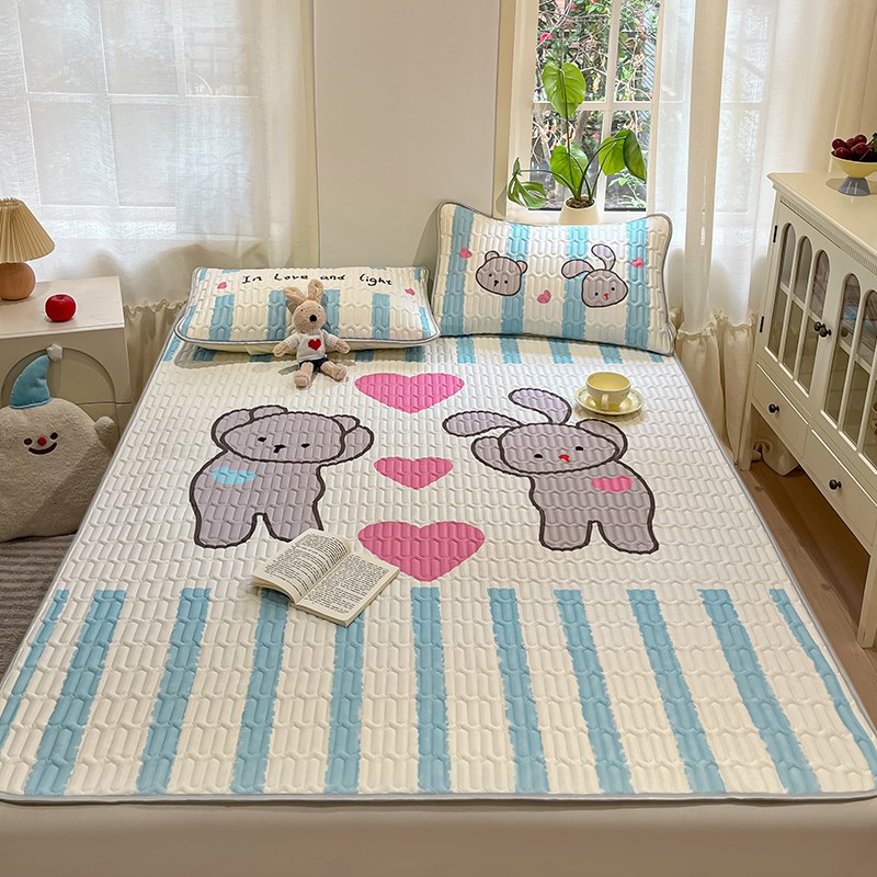 晚安猫卡通印花凉感丝乳胶凉席三件套宿舍可水洗空调X软席床上用