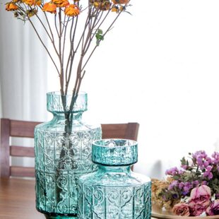 朗峰手作 英式雕花彩色玻璃花瓶 花插花器 鲜花干花插花家居摆设
