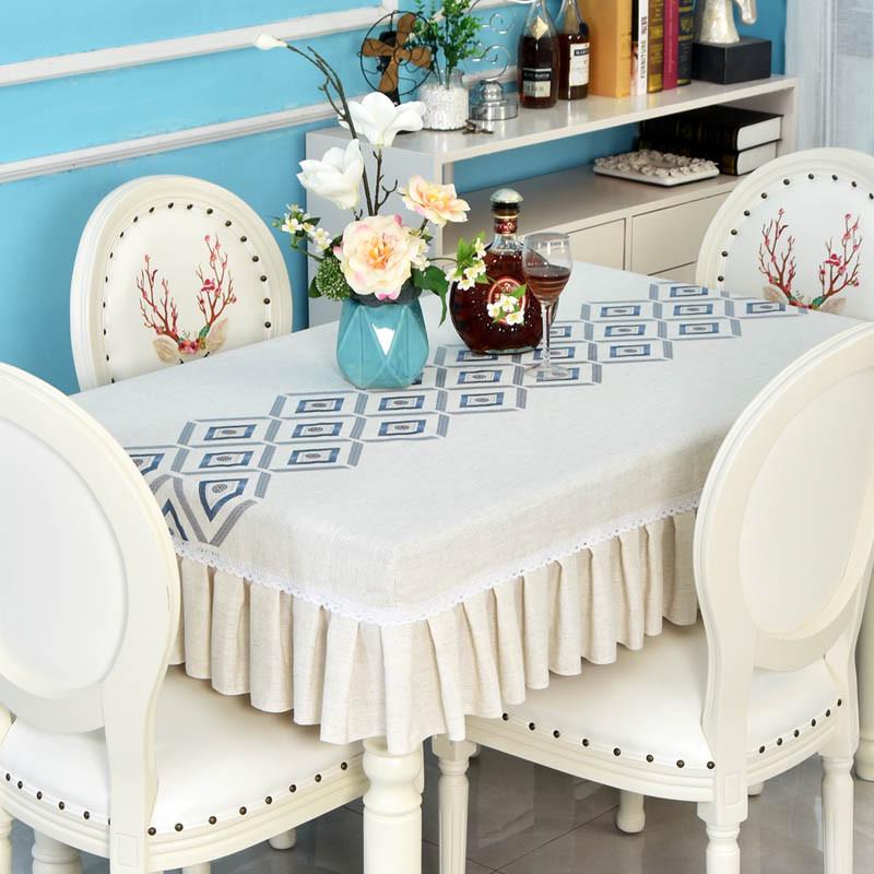简约高级餐桌台布蓝色绣花202z4新款长方形四方桌布茶几套罩可定