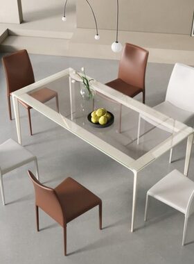 极简奶油风白色餐桌小户型家用餐厅饭桌长方形靠墙钢化玻璃餐桌椅