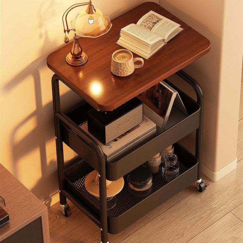 中古风小推车可i移动收纳置物架客厅沙发边几带轮茶几床头柜带桌