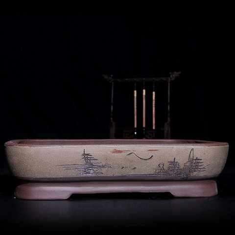 吸水石托盘假山长方形盆景花盆无孔盆紫砂M水底造景盆陶瓷吸水石