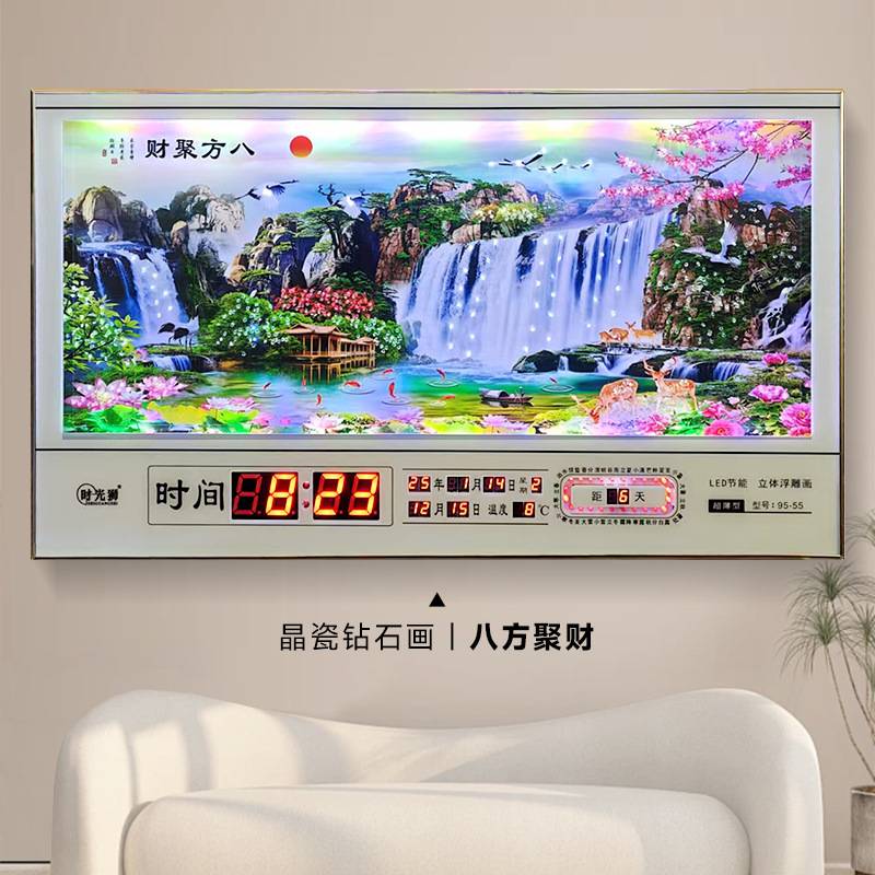 2025新款家用客厅万年历晶瓷钻石装饰画挂钟LED数码静音时钟图片