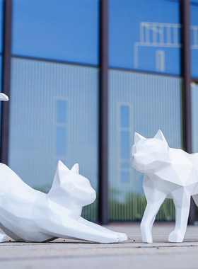 玻璃钢几何动物小猫雕塑花园林商场楼盘草坪落地景U观装饰招财摆