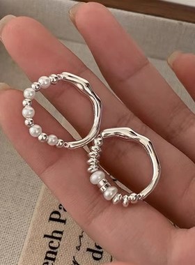 925纯银珍珠戒指叠戴素圈串珠指环小众高级女Z轻奢食指戒