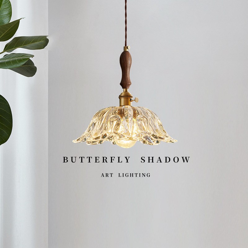 玻璃轻奢小吊北欧木艺餐厅三头吊灯中古风M氛围简约卧室床头吊线