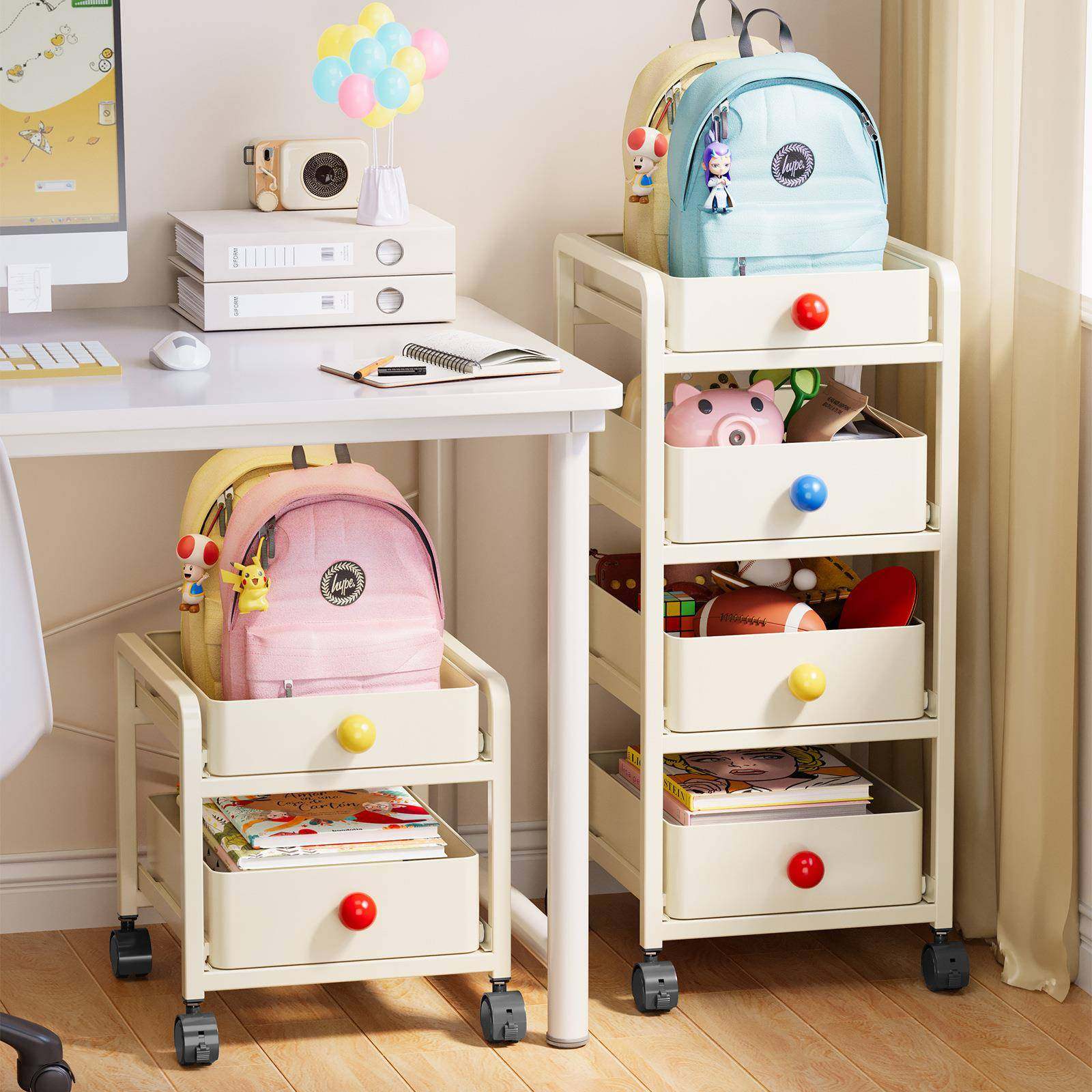 多巴胺书包置物架多层家用落地学生桌下滑轮书本收纳可移动小推车,收纳整理,书桌收纳置物架,淘宝优惠券,粉丝福利购,淘宝优惠卷