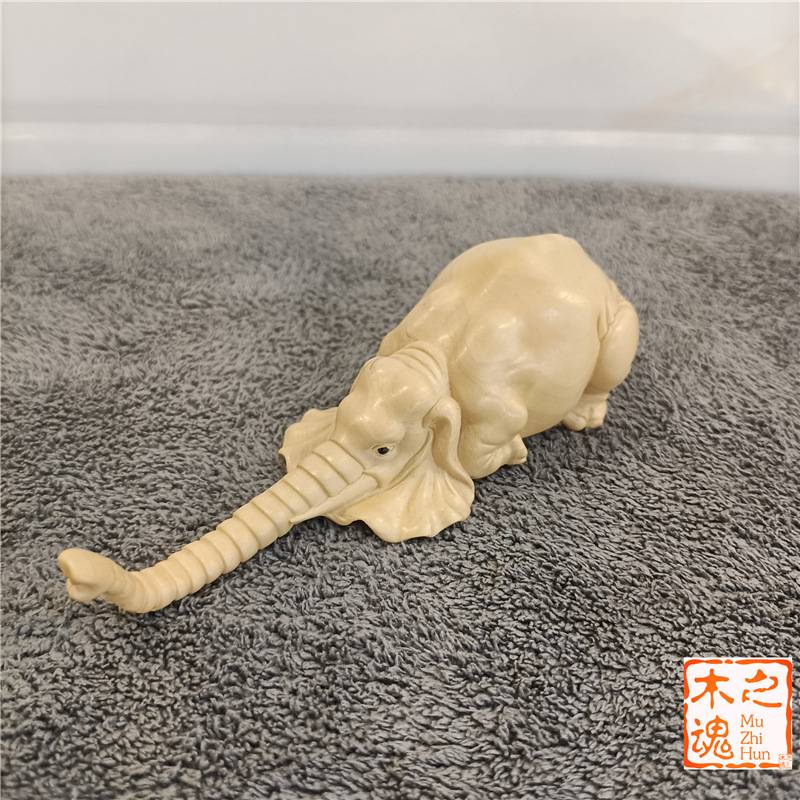 黄杨木雕刻家居装饰品男士随身手把件汽车小摆件大象趴趴象招财象