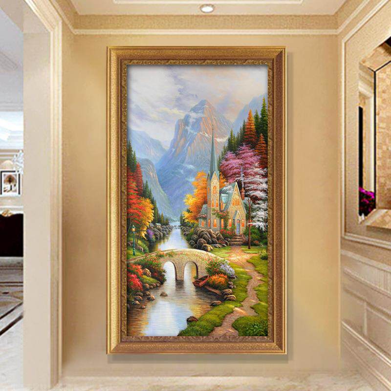 山水油画竖版玄关装饰画美式客厅挂画欧式走廊过道风景聚宝盆