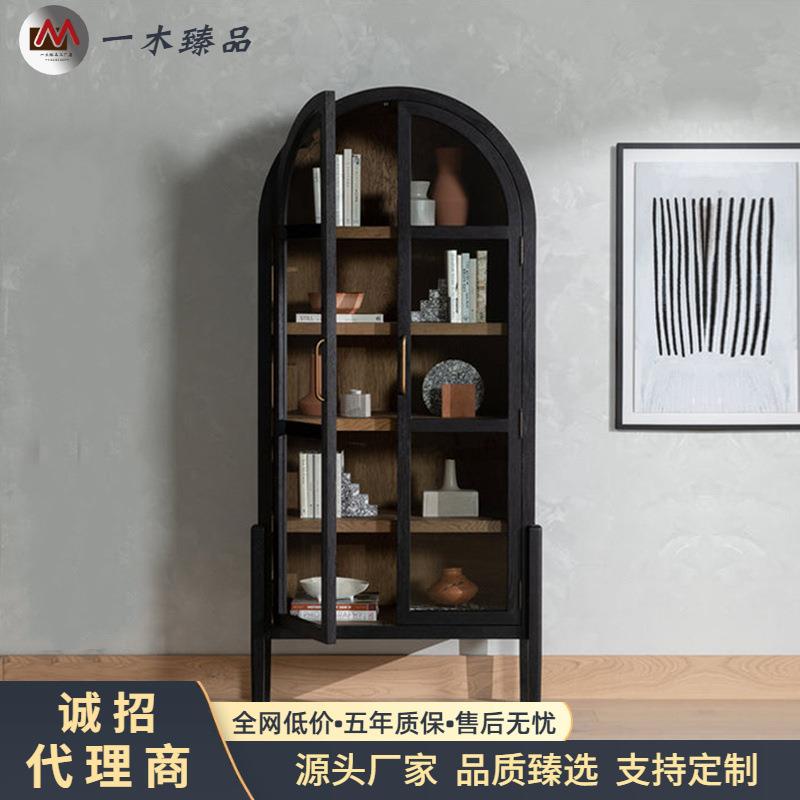 美式轻奢实木书柜儿童落地书架酒柜黑色餐边柜法式复古拱形装饰柜