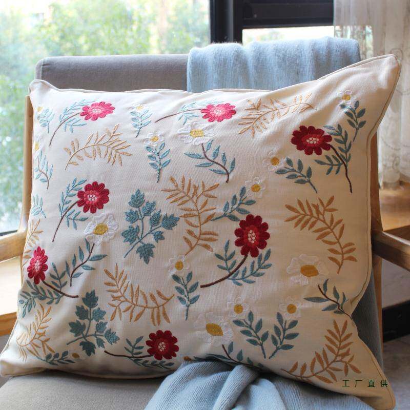 美式田园刺绣靠垫客厅沙发绣花大抱枕套飘窗床头50x60靠枕可拆洗
