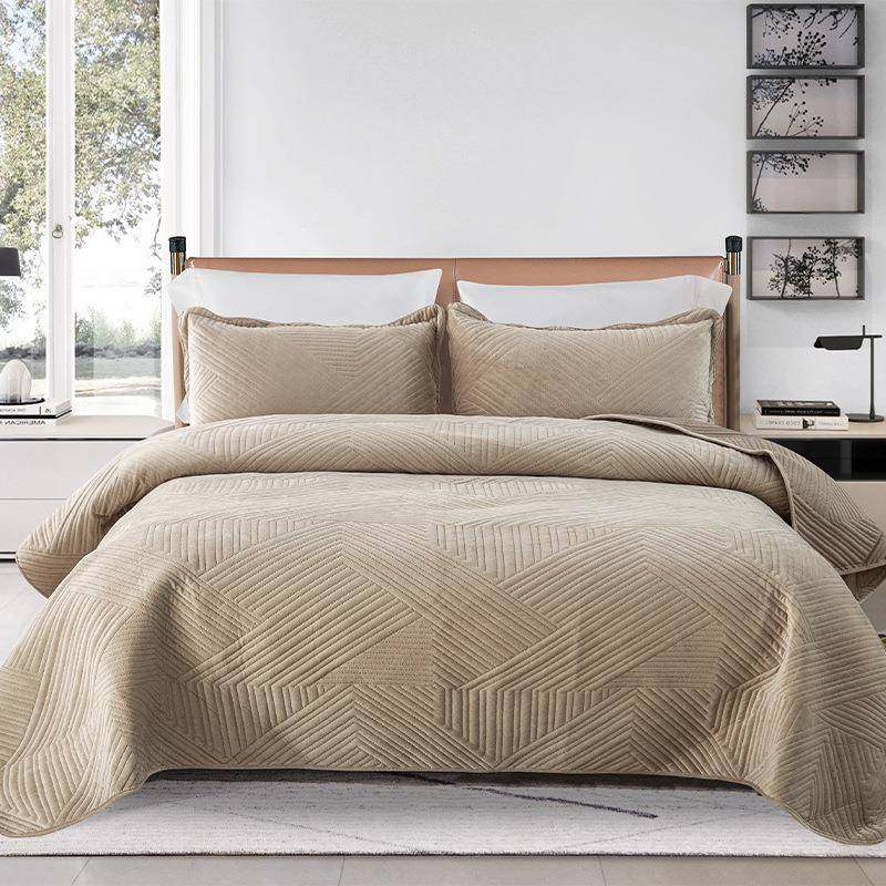 水晶绒线条款绗缝床盖夹棉纯色盖毯加厚法兰绒床单三件套日式风格,床上用品,床裙,淘宝优惠券,粉丝福利购,淘宝优惠卷