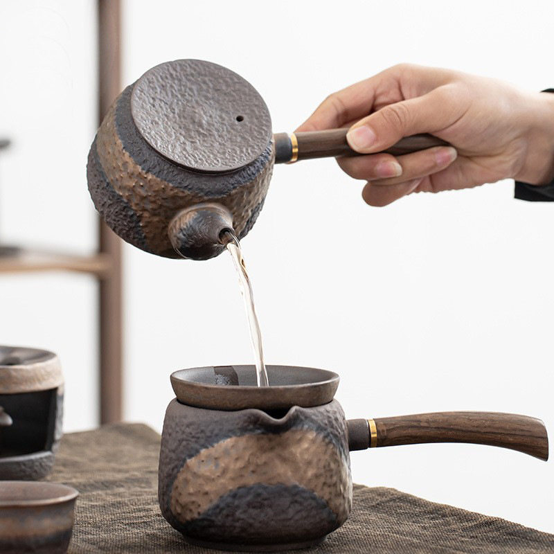 德玉堂粗陶侧把壶家用陶瓷大容量茶壶泡茶器复古老岩泥茶具单壶
