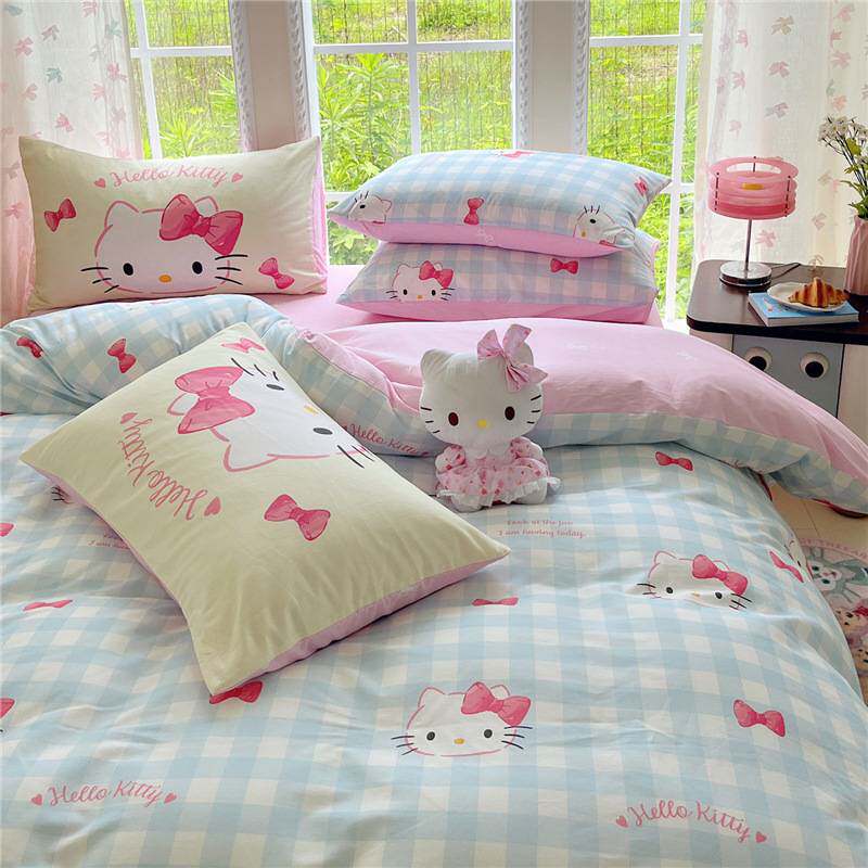 三丽鸥HelloKitty全棉印花四件套卡通纯棉床单被套罩床笠款三件套