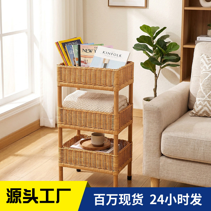 乡村风落地藤编储物架民宿装饰杂物置物架手工编织实木多层收纳筐