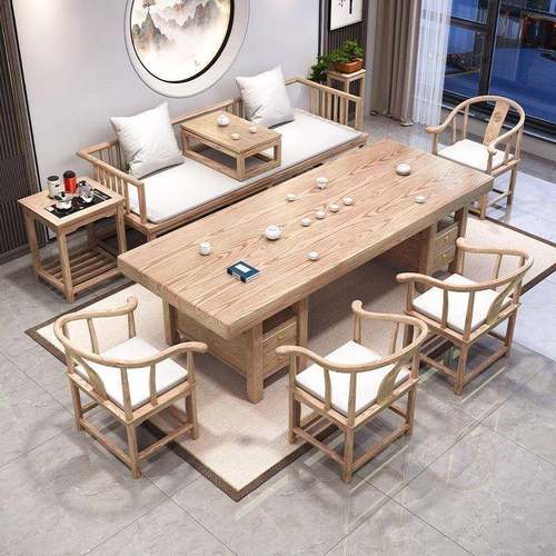 实木大板茶桌椅组合一桌五椅原木色茶几客厅家用茶具泡茶台一整套