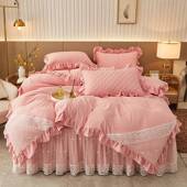 9QXC四季 款 纯色水洗棉床裙四件套蕾丝花边公主风夹棉床罩被套