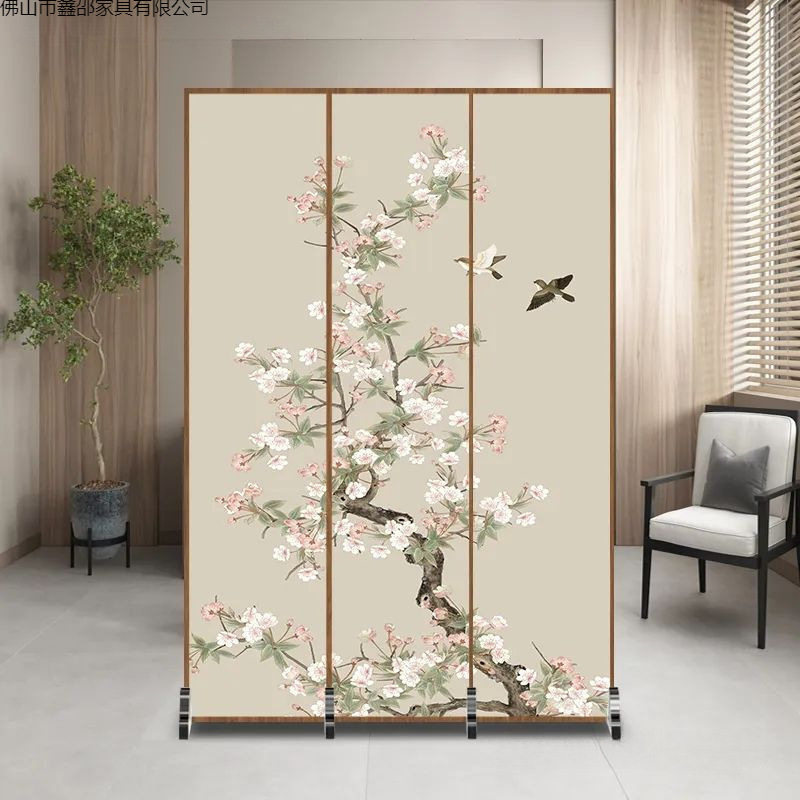 新中式简约现代隔断入户布艺遮挡客厅木质屏风玄关装饰移动座屏