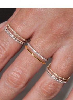 大码戒指女胖MM真的美40粒钻闪小排钻细戒指叠戴简约微镶素圈指环