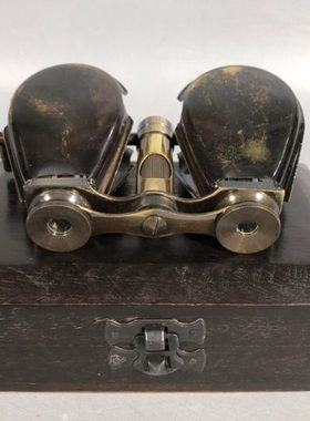 纯铜望远镜老式西洋双筒伸缩望远镜复古回流木盒装望远镜古玩收藏