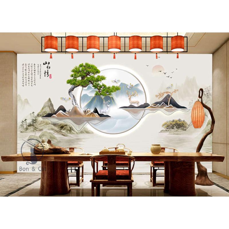 新中式竹木纤f维茶室客厅沙发电视背景护墙板大气高档豪华集成墙