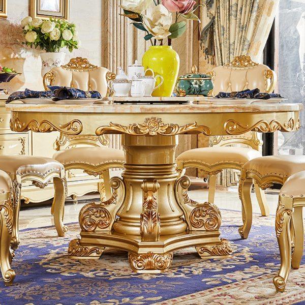 欧式大理石餐桌实木圆桌香槟色饭桌家用圆形带转盘轻奢餐桌椅组合