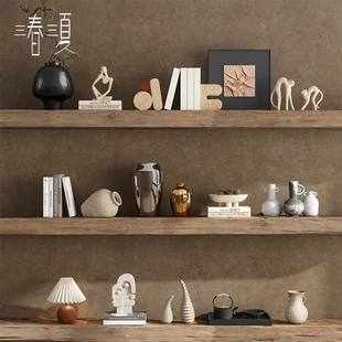 原木侘寂风高级感艺术品软装饰品中古民宿复古陶罐开放格酒柜摆件