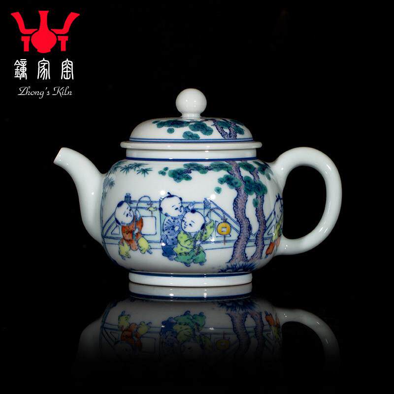 钟家窑陶瓷茶壶 柴窑青花斗彩婴戏图260ml茶壶单壶景德镇功夫茶具