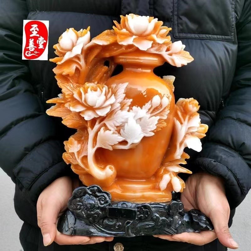 仿福建寿山石雕石粉合成t花瓶摆件荣华富贵大摆件家居摆件客厅装