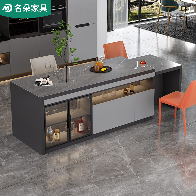 现代简约家用岩板岛台伸缩餐桌一体多功能小户型轻奢茶桌W吧台5E3