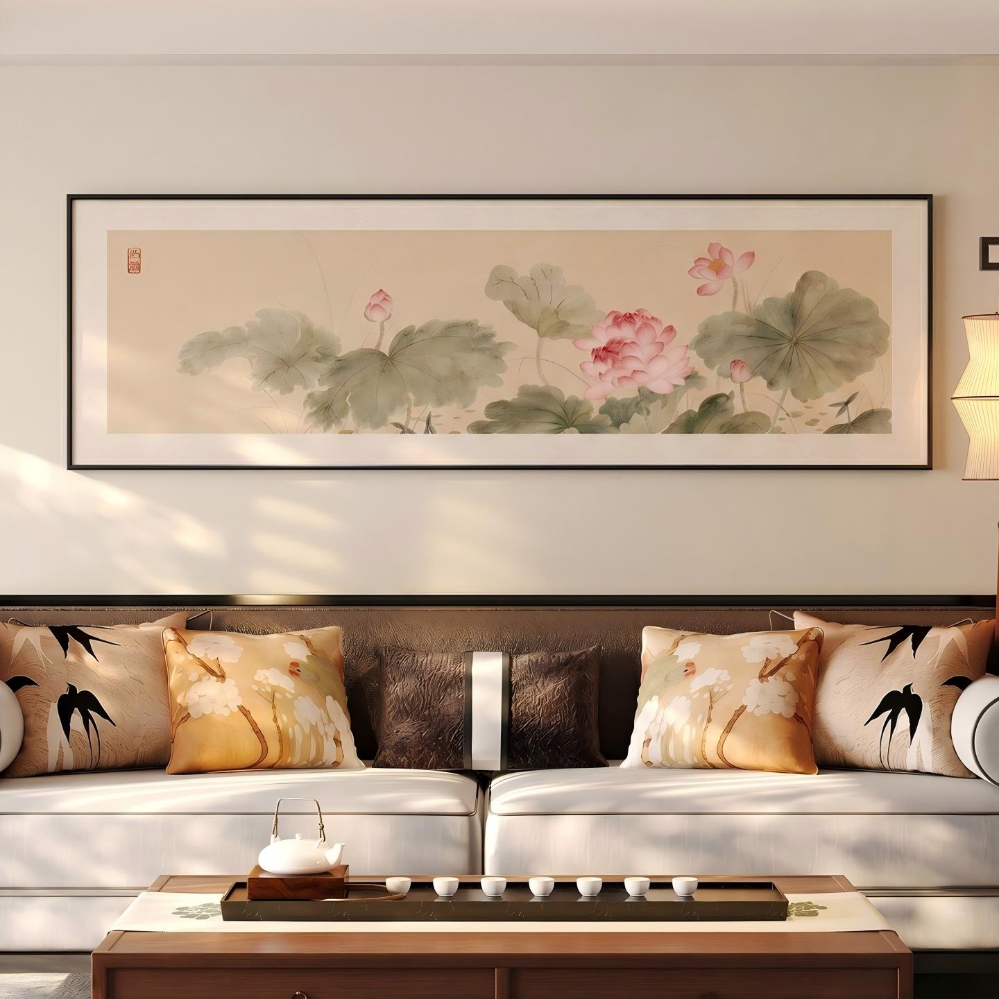 新中式荷花图客厅沙发背景墙装饰现代装饰画