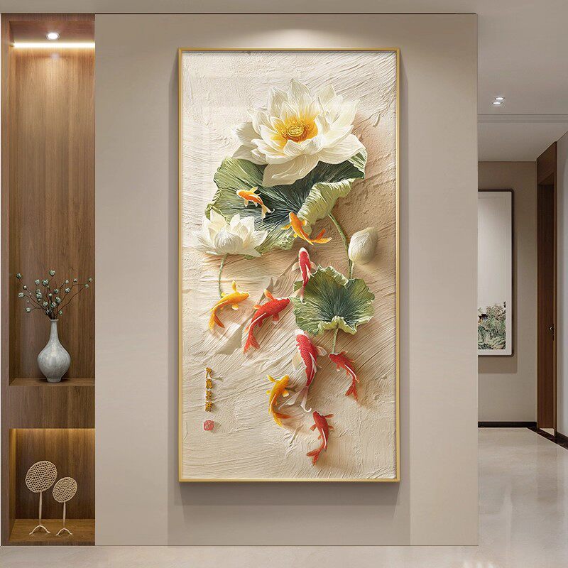 九鱼聚财入户玄关装饰画新中式荷花正对门走廊过道挂画客厅壁画