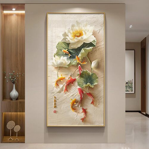 九鱼聚财入户玄关装饰画新中式荷花正对门走廊过道挂画客厅壁画
