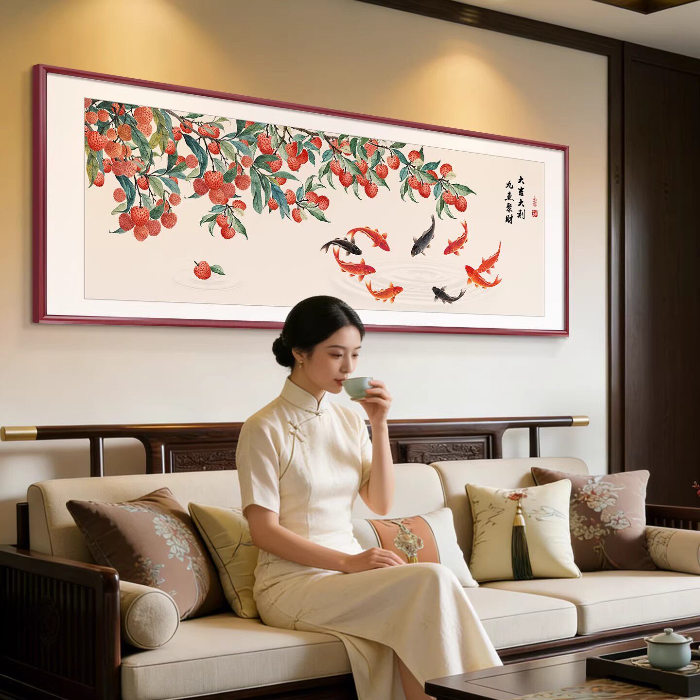 九鱼聚财图客厅沙发背景墙装饰画新中式鸿运当头客厅挂画壁画