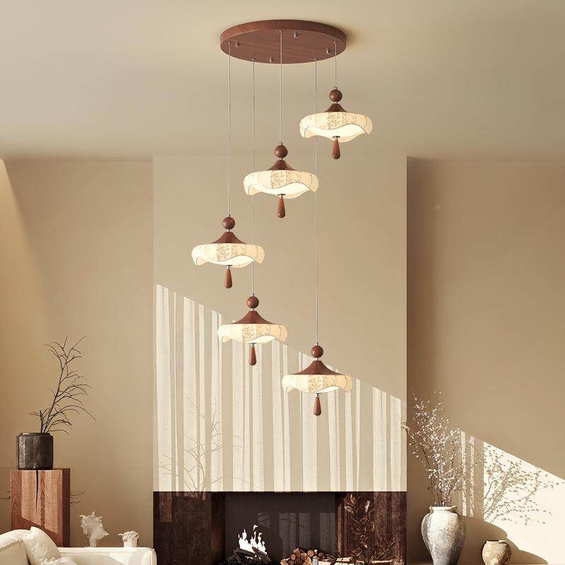 楼灯梯吊宋19049式美学胡木色布艺印花中古风客厅吊别墅旋转复桃,家装灯饰光源,智能吊灯,淘宝优惠券,粉丝福利购,淘宝优惠卷