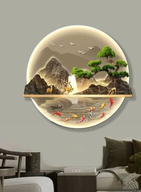 D1JWS86新式雕刻水迎客松入户中玄画关装饰画流水生财山过道客厅