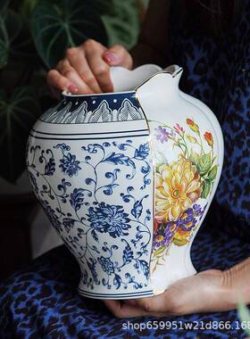 轻奢中古风陶瓷花瓶欧23QX0020式复鲜插花瓶花高面级感客厅古桌创
