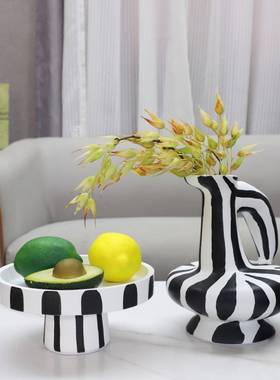 北欧创黑饰白竖纹花瓶果盘树1138脂摆意件客厅餐电视柜样厅板房家