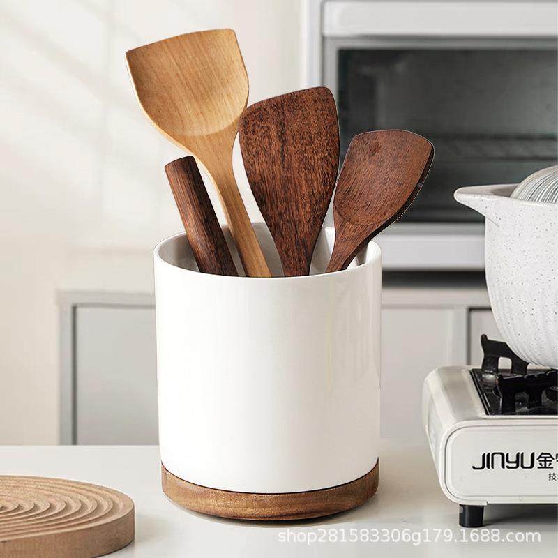 简陶瓷锅12896纯色工具桶收纳铲擀面杖筒可旋叉转筷子刀收纳筒htt