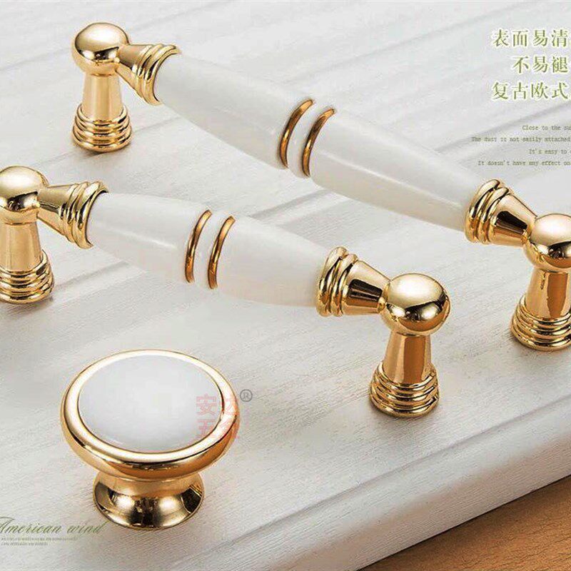 橱柜衣柜抽屉家具白色陶瓷把手欧式仿古田园美式金色单孔拉手新品